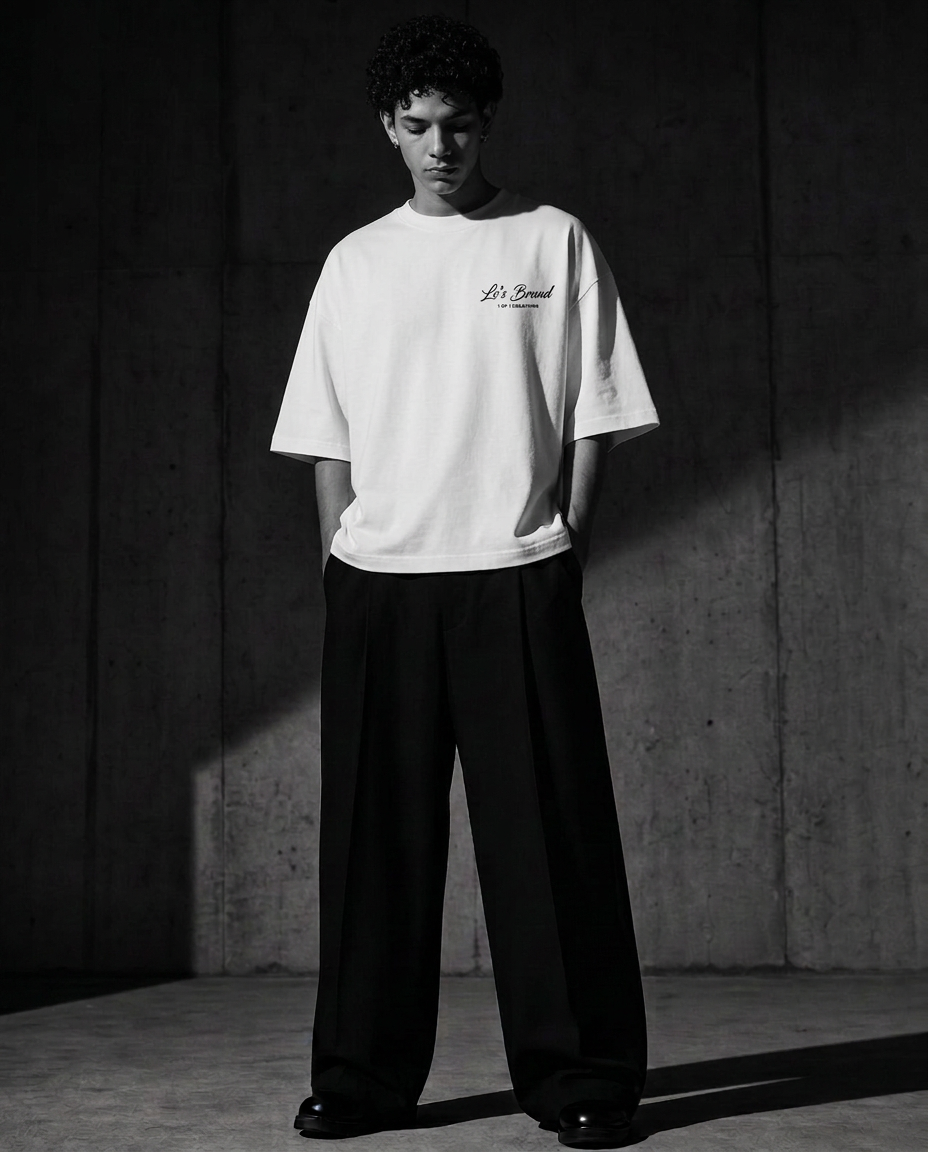 Model in oversized boxy white tee, front chest print
