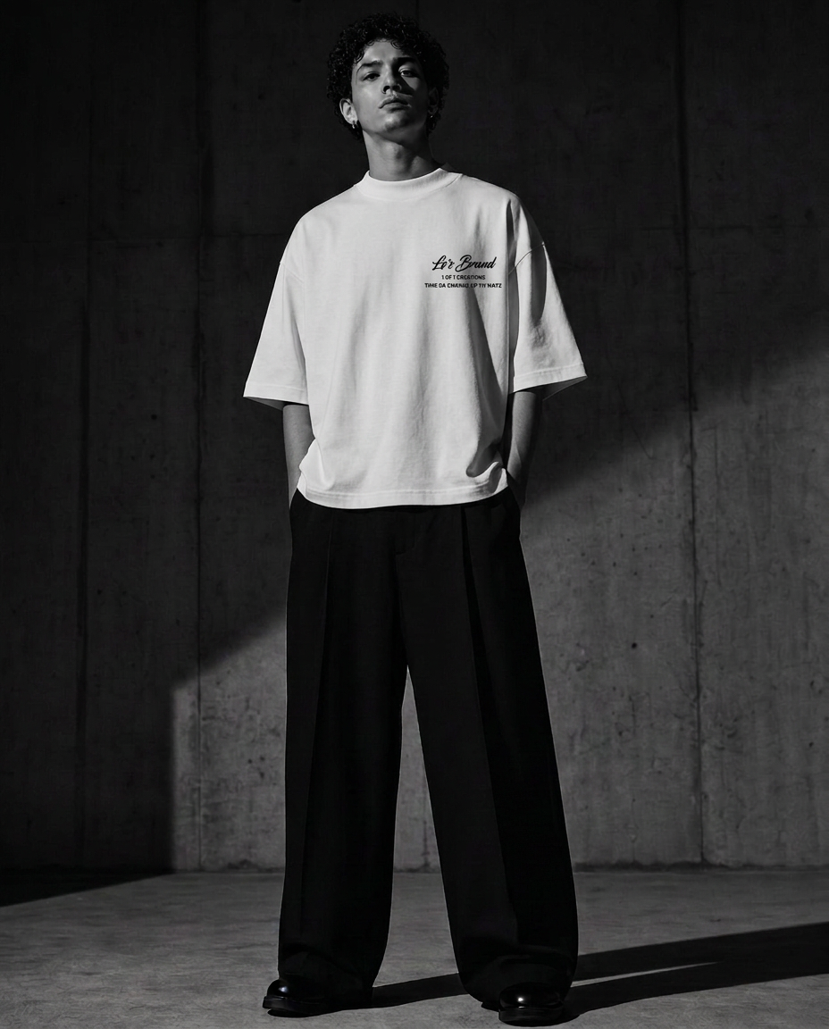 Model in oversized boxy white tee, small Le’s Brand chest print